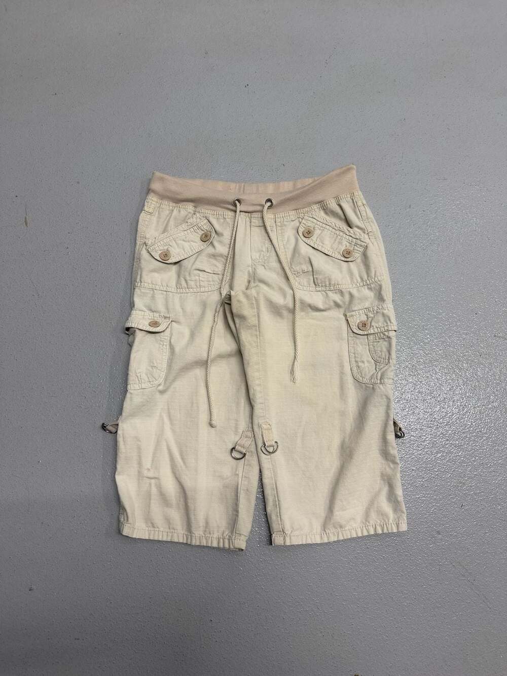 Y2K Beige Be Bop Multi-Pocket Cargo Capri Pants Drawstring